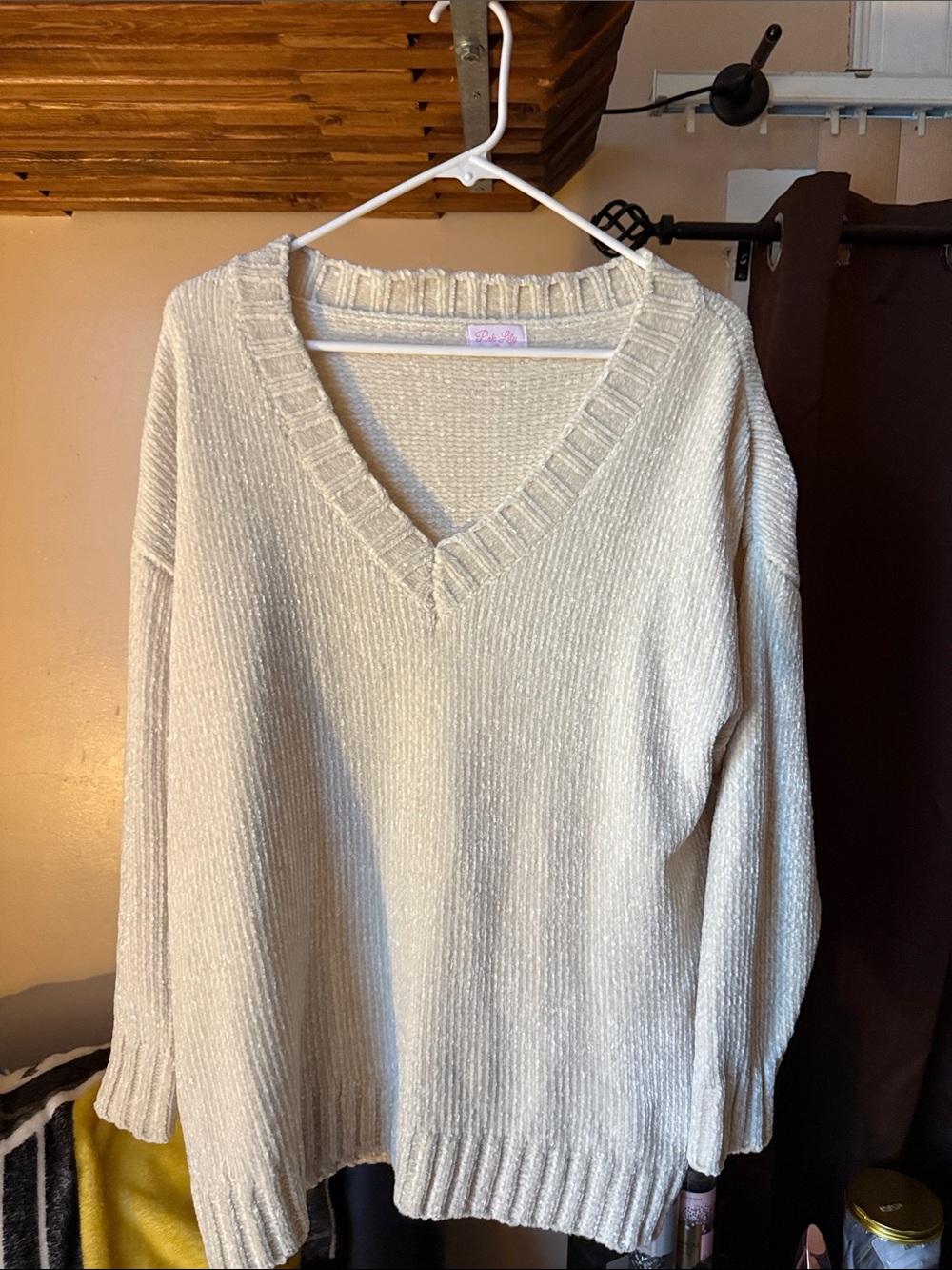 Pink Lily Cream V-Neck Knit Sweater